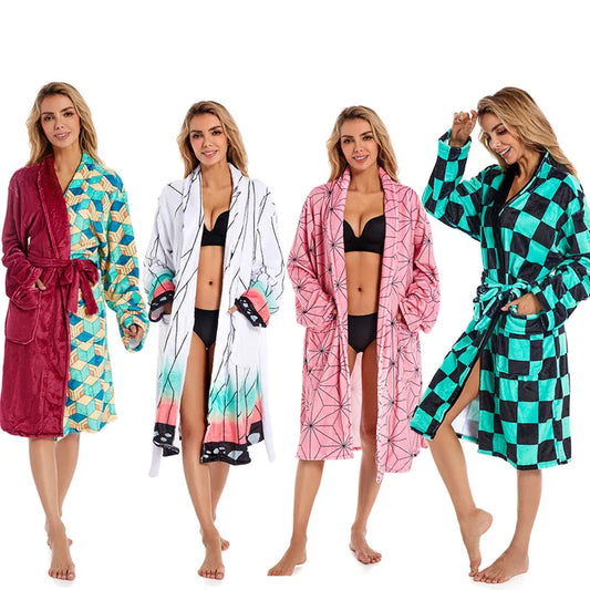 Anime Kamado Tanjirou Cosplay Bathrobe Coral Fleece Bath Robe Dressing Gown Cloak