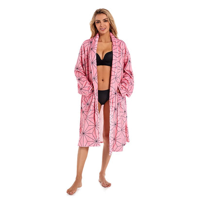 Anime Kamado Tanjirou Cosplay Bathrobe Coral Fleece Bath Robe Dressing Gown Cloak