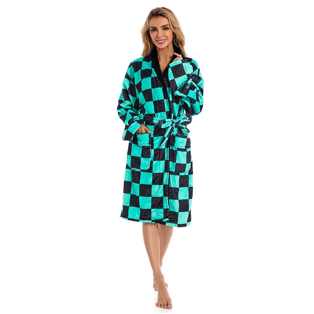 Anime Kamado Tanjirou Cosplay Bathrobe Coral Fleece Bath Robe Dressing Gown Cloak