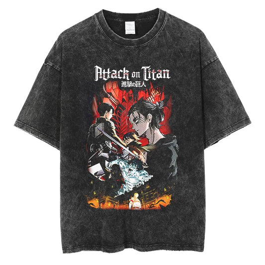 Anime Washed Tshirt Attack on Titan Printing Short Sleeve T Shirt 100% Cotton Black Shirt Eren Streetwear Vest Oversized T-shirt