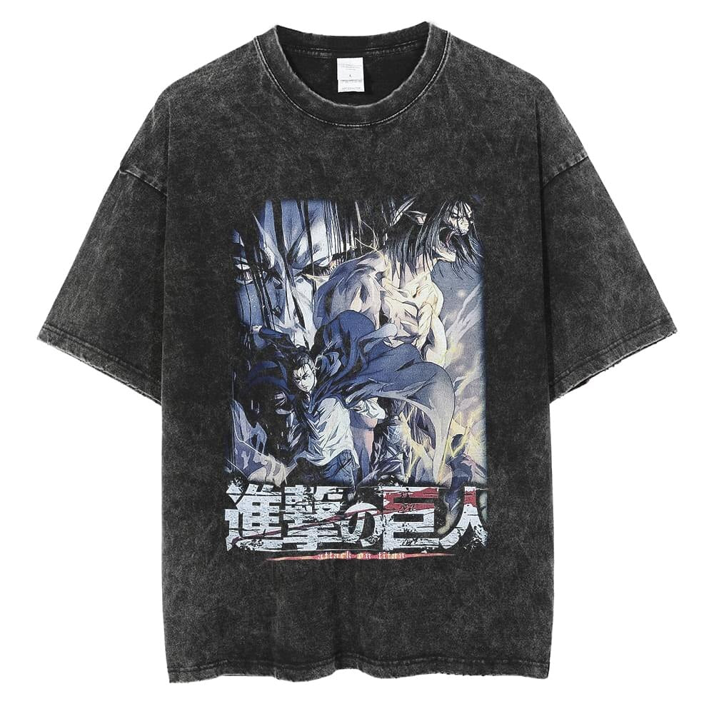 Anime Washed Tshirt Attack on Titan Printing Short Sleeve T Shirt 100% Cotton Black Shirt Eren Streetwear Vest Oversized T-shirt - Animehouse