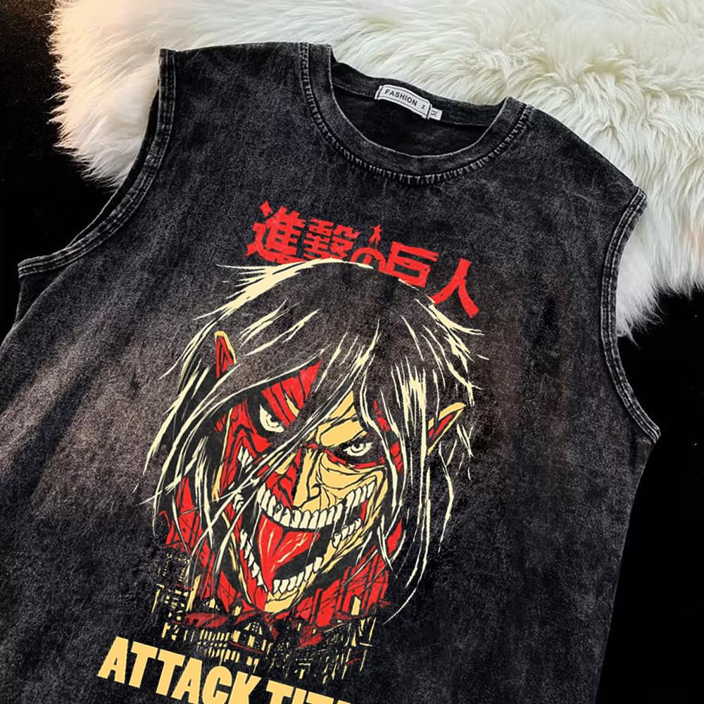 Anime Washed Tshirt Attack on Titan Printing Short Sleeve T Shirt 100% Cotton Black Shirt Eren Streetwear Vest Oversized T-shirt - Animehouse