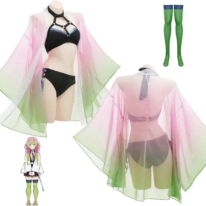 Demon Slayer Cosplay Anime Kanroji Mitsuri Swimsuit Kochou Shinobu Cardigan Swimsuit Set Summer Bikini Beach Cosplay Costume New