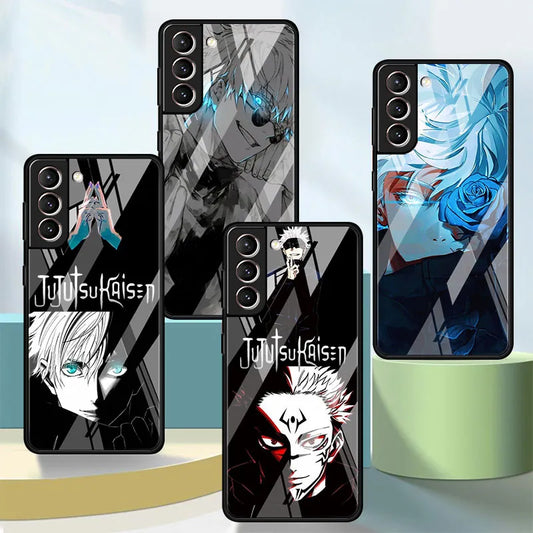 Glass Case For Samsung Galaxy S23 S21 S22 Plus Note 20 Ultra S9 Phone Cover S20 FE S10 5G Capas Jujutsu Kaisen Gojo Satoru Cool