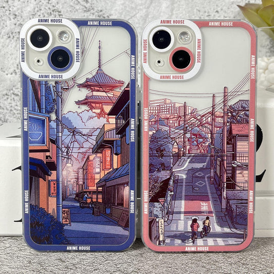 Japanese Anime Hand Painted House scenery Phone Case For iPhone 14 13 12 11 Pro Max Mini XS X XR SE 7 8 Plus Soft Cover