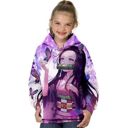 Kids Girls' Hoodie Demon Slayer Long Sleeve 3D Print Anime Pocket Green Purple Pink Children Tops Fall Spring Fashion Streetwear