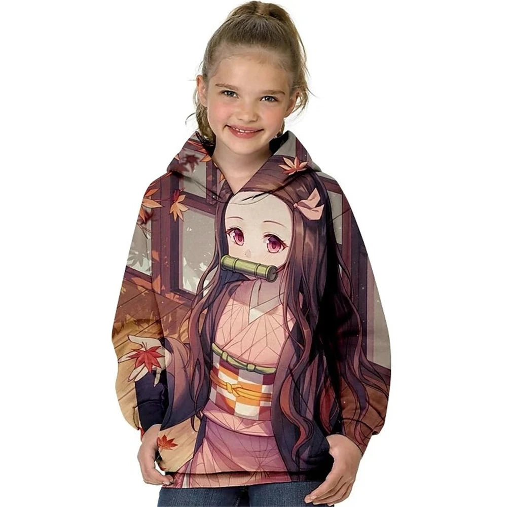 Kids Girls' Hoodie Demon Slayer Long Sleeve 3D Print Anime Pocket Green Purple Pink Children Tops Fall Spring Fashion Streetwear