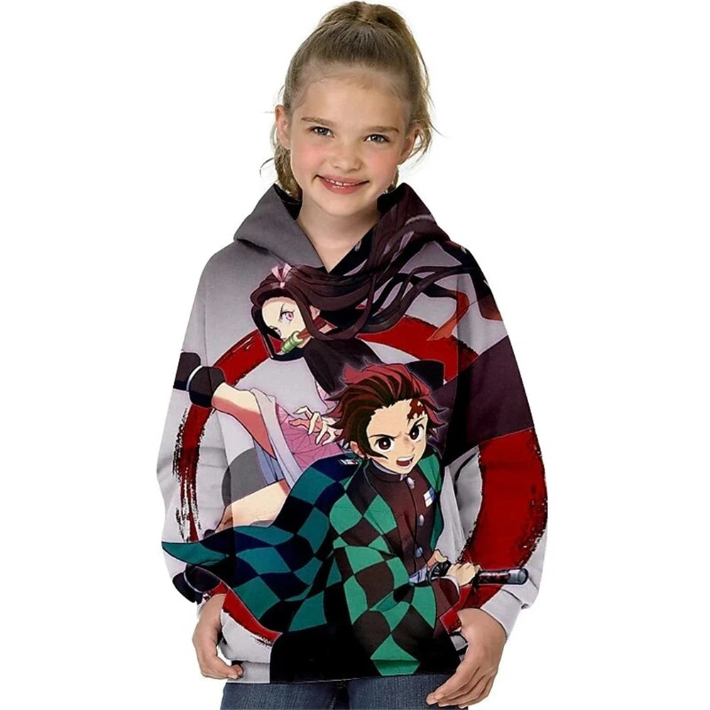 Kids Girls' Hoodie Demon Slayer Long Sleeve 3D Print Anime Pocket Green Purple Pink Children Tops Fall Spring Fashion Streetwear