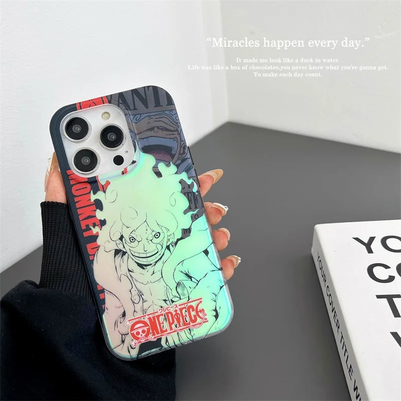 Luxury Anime O-One Piece Laser Phone Case For iPhone 15 14 13 12 11 Pro Max Luxury Gradient Glitter Chameleon Shockproof Cover