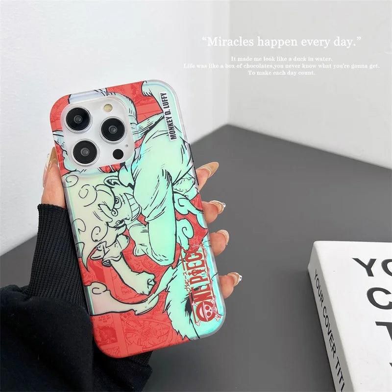 Luxury Anime O-One Piece Laser Phone Case For iPhone 15 14 13 12 11 Pro Max Luxury Gradient Glitter Chameleon Shockproof Cover