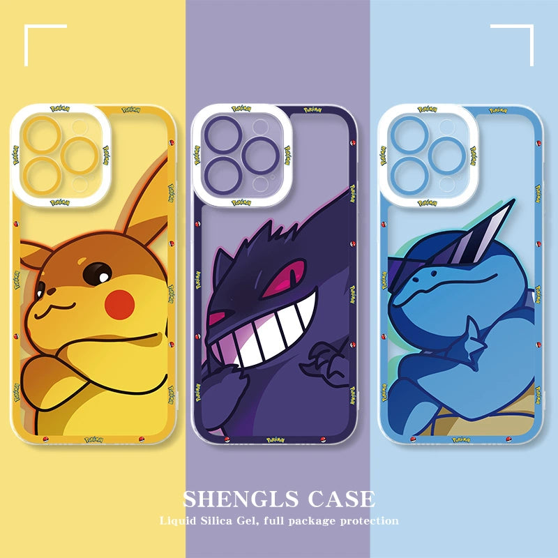 Pokemon Pikachu & Gengar Transparent Shockproof Phone Case for iPhone 16, 15 Pro, 14, 13 Pro Max, 12, XS Max, XR, 7 Plus, 8P, 6S - Cute Fun Design for Men & Women