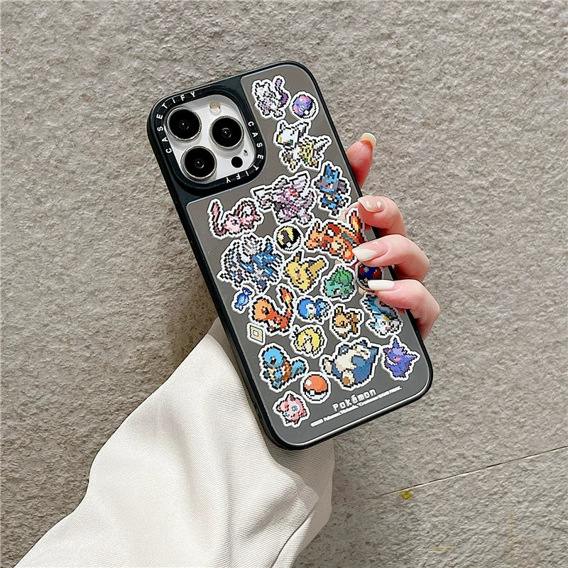 Pokémon Sticker Mirror Case for iPhone 14/13 Pro Max/12/11 | Cartoon Anime Design | Protective Shockproof Cover for Couples | Unisex Cute Style