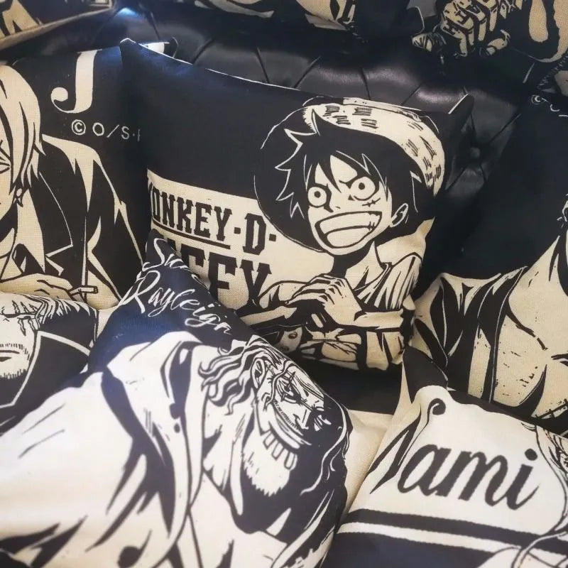 One Piece Zoro Luffy Black and White Cartoon Printing Cotton and Linen Throw Pillow Car Sofa Cushion Cushion Core Sleeve - Animehouse