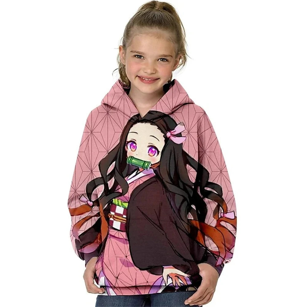 Kids Girls' Hoodie Demon Slayer Long Sleeve 3D Print Anime Pocket Green Purple Pink Children Tops Fall Spring Fashion Streetwear